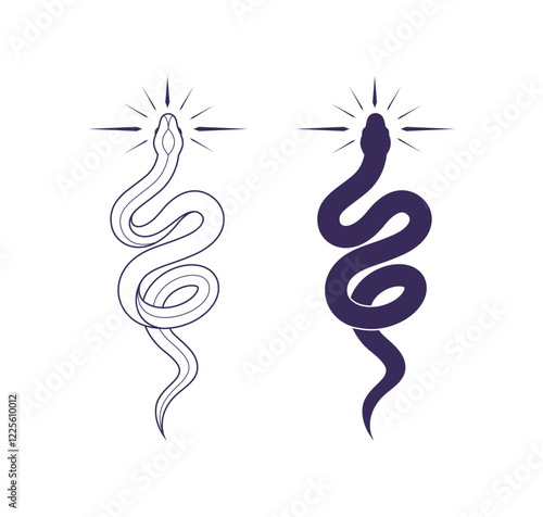 Snake silhouettes, tattoo style simple illustrations, mystic, magic drawings