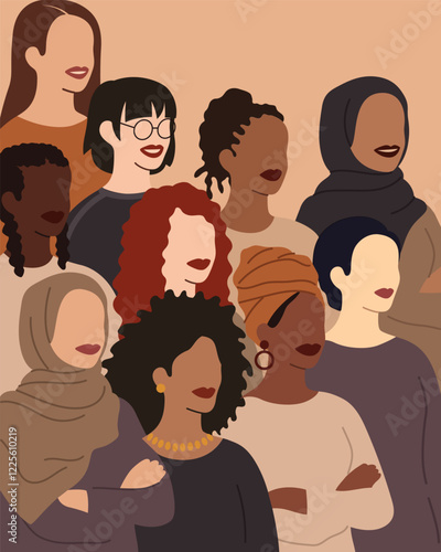 Various women of different races and ages standing together in a crowd, feminism poster, women empowerment vector illustration in a flat style