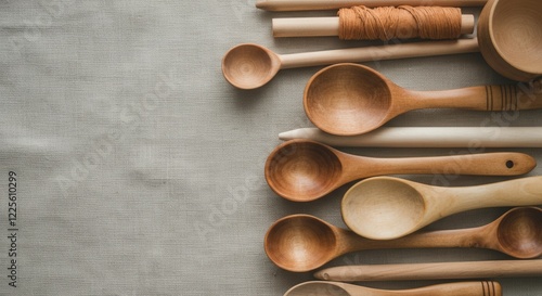 Assorted wooden spoons and utensils on fabric surface photo