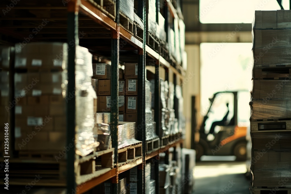 Organized Warehouse with Filled Shelves and Forklift Organized Warehouse with Filled Shelves and Forklift