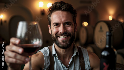 A man is holding a glass of red wine and smiling. Scene is happy and celebratory