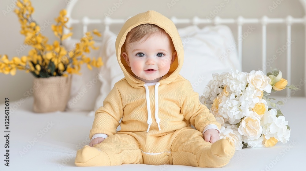 Happy baby in yellow outfit on bed with flowers Happy baby in yellow outfit on bed with flowers