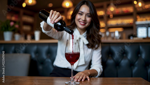 Wallpaper Mural Woman pouring wine into a glass. Woman smiling and enjoying. Close-up. Generative AI. Torontodigital.ca