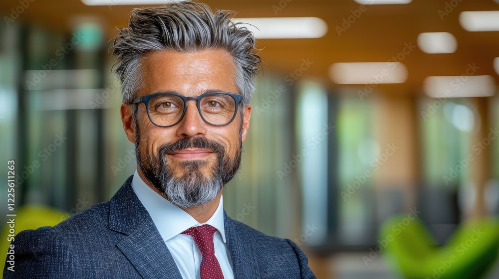 Fototapeta premium Confident middle-aged businessman with glasses and beard smiling in a modern office environment.