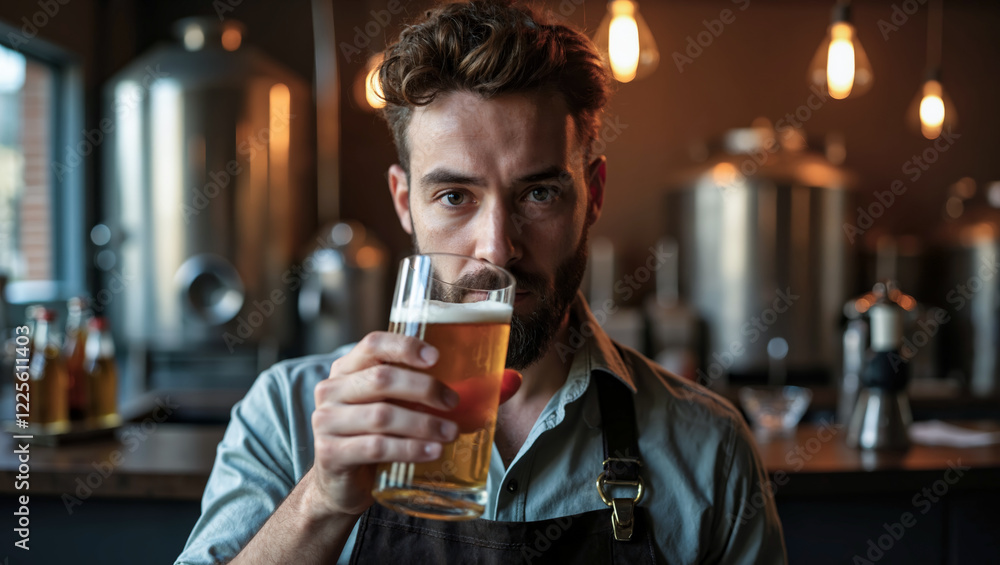A man with a beard holding a glass of beer. The image conveys a casual and relaxed atmosphere as the man enjoys his drink in a bar or pub. Glass presence. Close-up. Generative AI. A man with a beard holding a glass of beer. The image conveys a casual and relaxed atmosphere as the man enjoys his drink in a bar or pub. Glass presence. Close-up. Generative AI.