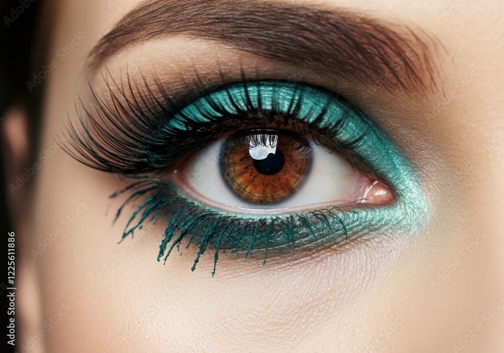 Obraz premium Close-up of a woman's eye with vibrant turquoise makeup and long lashes