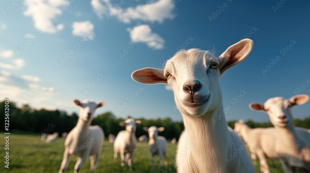 Fototapeta premium Close-up of a playful white goat with a group of happy goats at an Asian farm under a bright blue sky on a sunny day