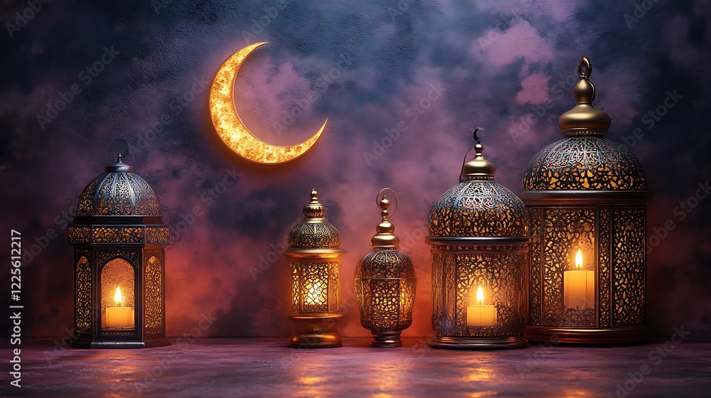 Obraz premium Illuminated Lanterns and Crescent Moon Festive Display