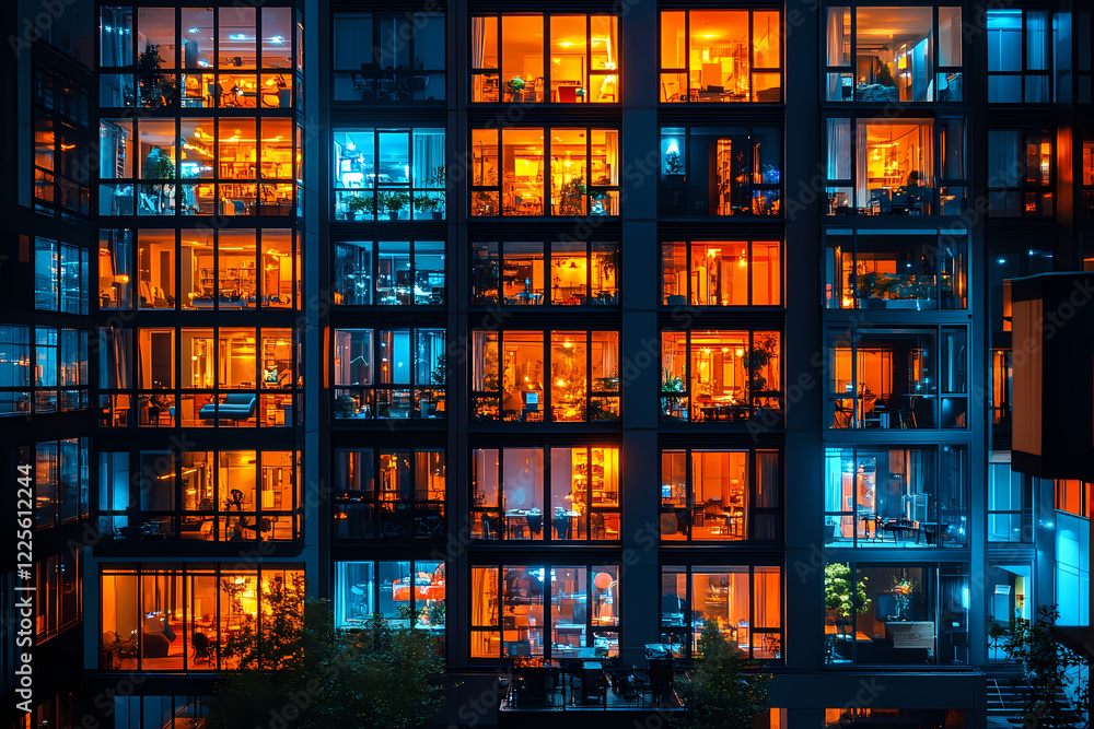 A modern illuminated building at night, with glowing glass windows creating a captivating cityscape A modern illuminated building at night, with glowing glass windows creating a captivating cityscape