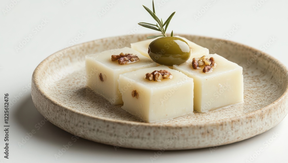 Creamy dessert squares with nuts and olives, served on a rustic plate, perfect for gourmet food photography and culinary presentations Creamy dessert squares with nuts and olives, served on a rustic plate, perfect for gourmet food photography and culinary presentations
