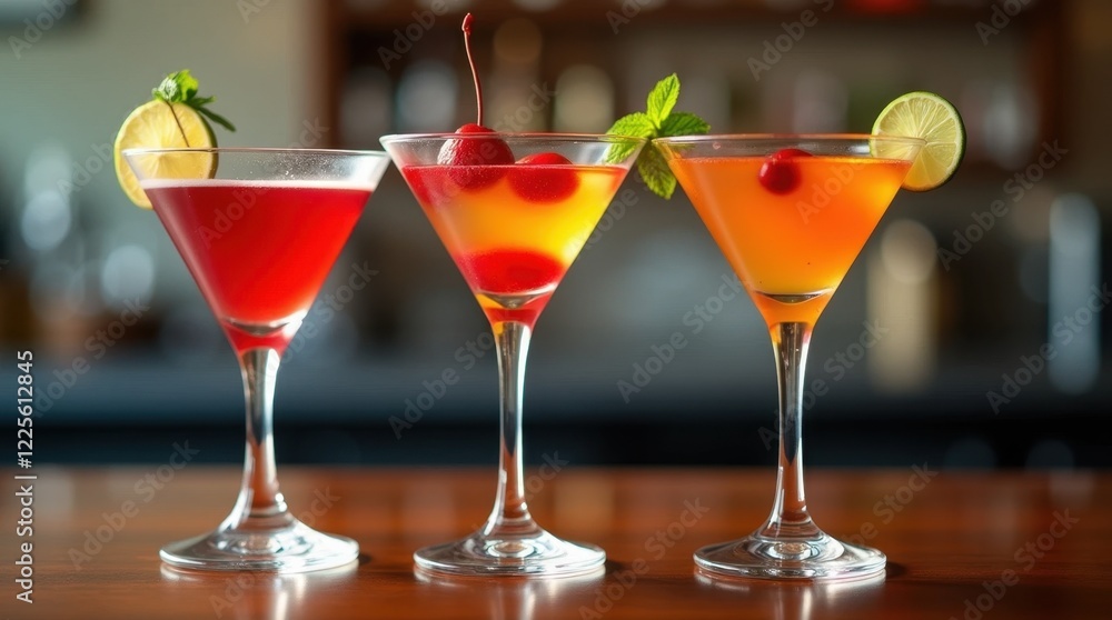 Three Colorful Martinis with Unique Garnishes Three Colorful Martinis with Unique Garnishes