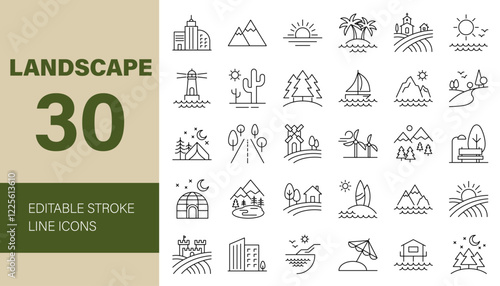 Landscape line Editable Icons set. Vector illustration nature related icons: sea, lake, river, forest, sunset, mountain, road, view, sunrise, travel, and more.
