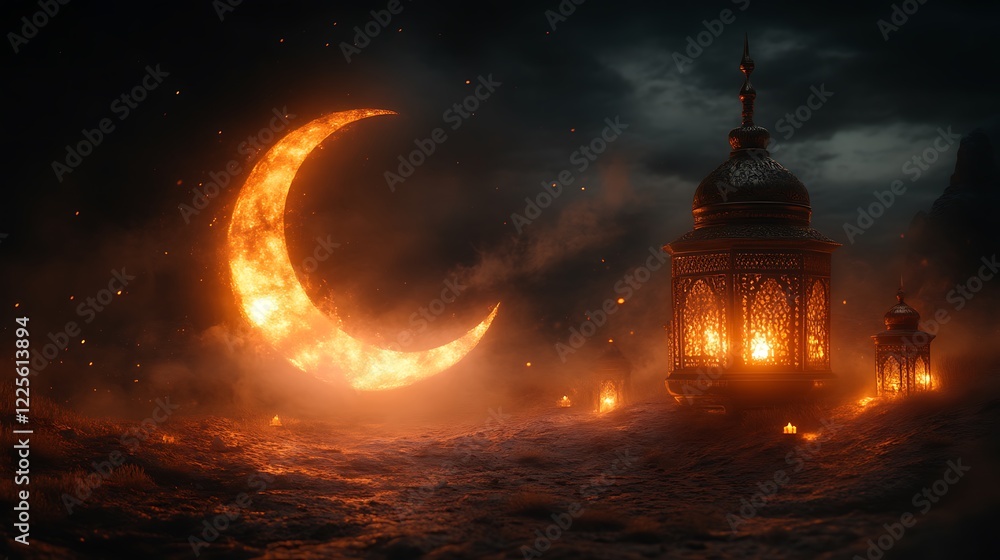 Flaming Crescent Moon And Illuminated Lanterns At Night Flaming Crescent Moon And Illuminated Lanterns At Night