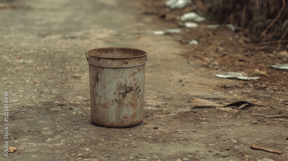 Rusty metal bucket sits on dirty ground near trash. Rusty metal bucket sits on dirty ground near trash.