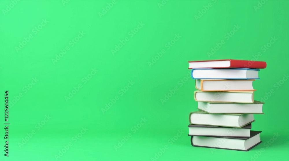 Neatly Stacked Books on Vibrant Green Background Neatly Stacked Books on Vibrant Green Background