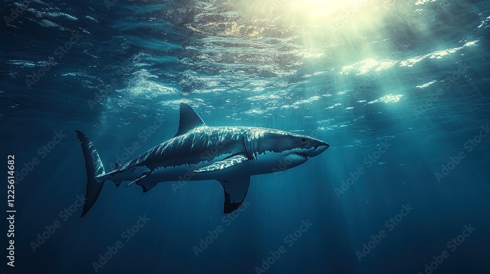 Fototapeta premium A great white shark swimming near the ocean surface, powerful and graceful, intense blue water 