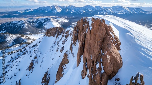 Drone footage of a snow-covered mountain peak in the Rocky Mountains