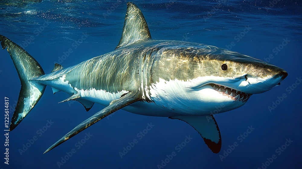Naklejka premium A great white shark swimming near the ocean surface, powerful and graceful, intense blue water