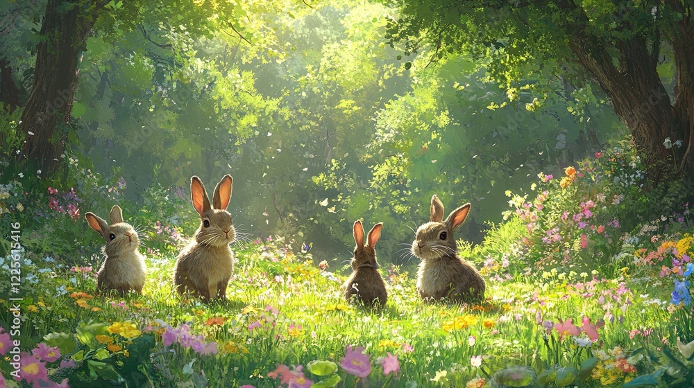A family of rabbits playing in a sunny meadow within a green forest, joyful and lively scene A family of rabbits playing in a sunny meadow within a green forest, joyful and lively scene
