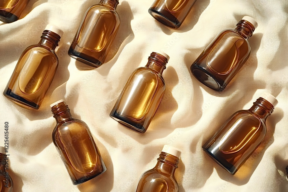 Amber glass bottles with wooden cork lids resting on beige satin fabric Amber glass bottles with wooden cork lids resting on beige satin fabric
