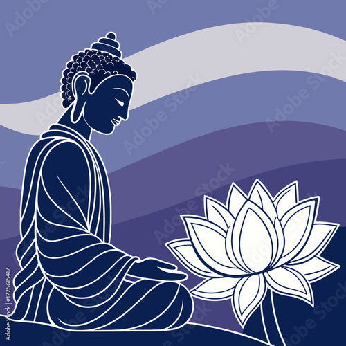 Silhouette of a peaceful Buddha statue with a lotus flower