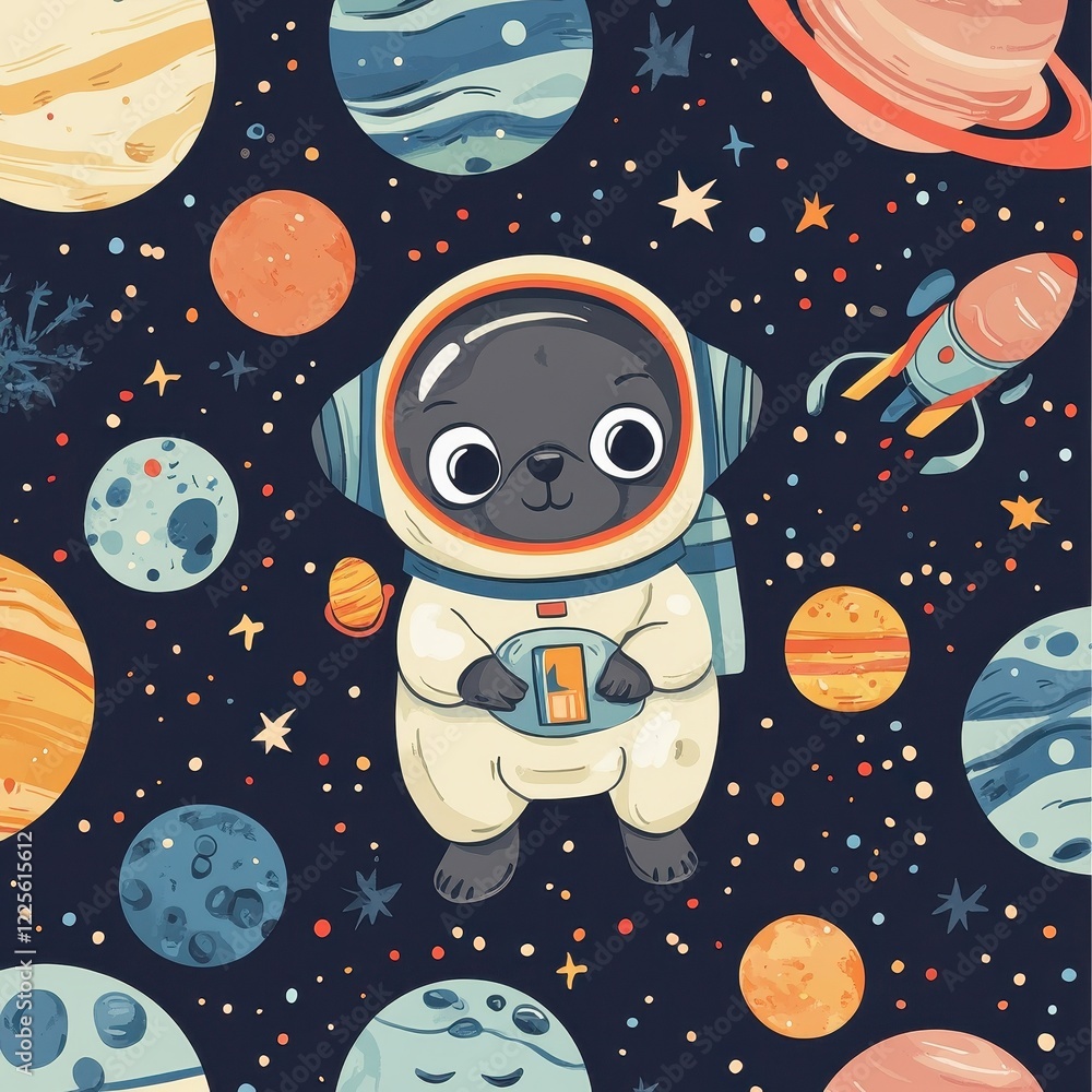 Fototapeta premium Adorable Pug Astronaut Among Planets and Stars