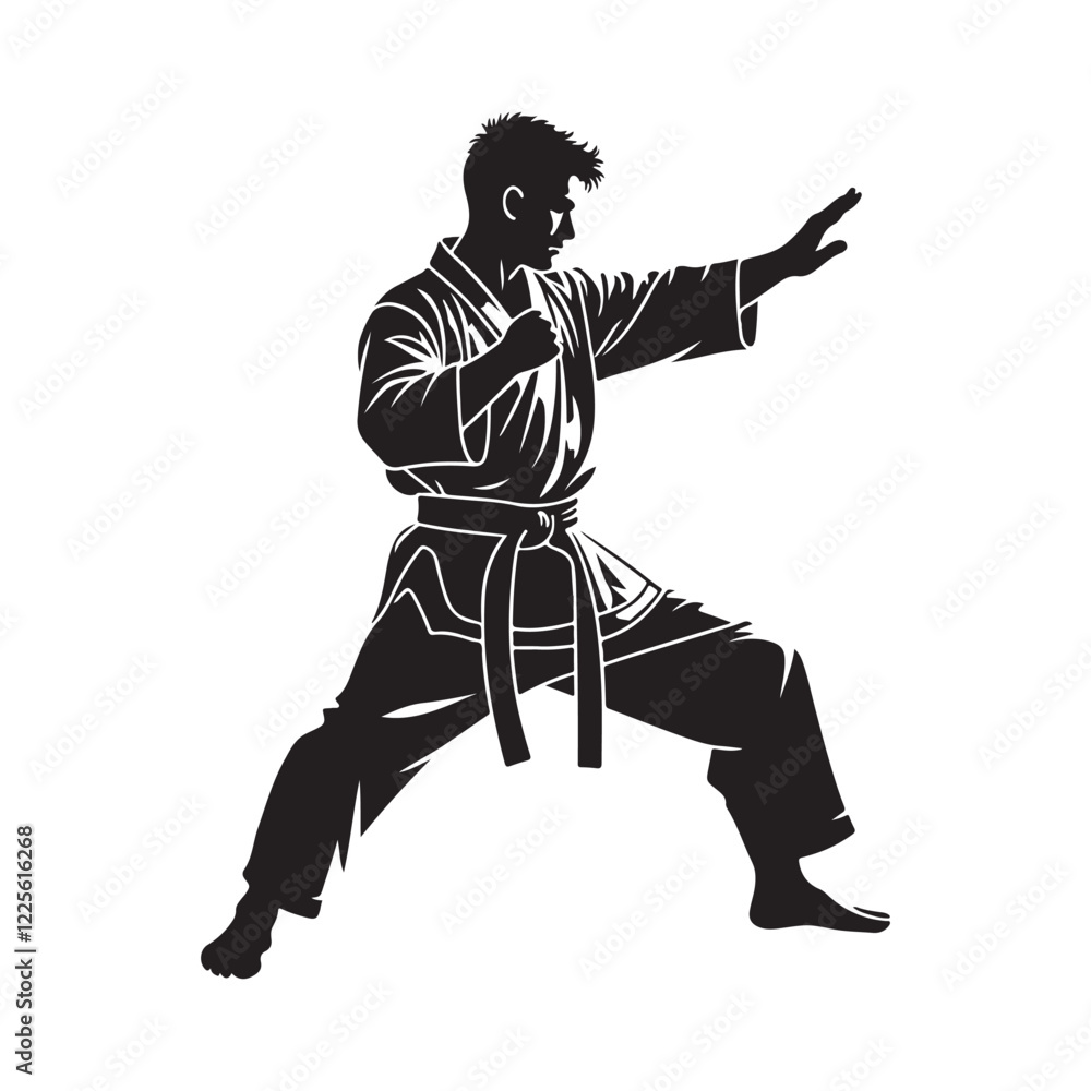 silhouette, martial artist, karate stance, dynamic pose, black and white silhouette, martial artist, karate stance, dynamic pose, black and white