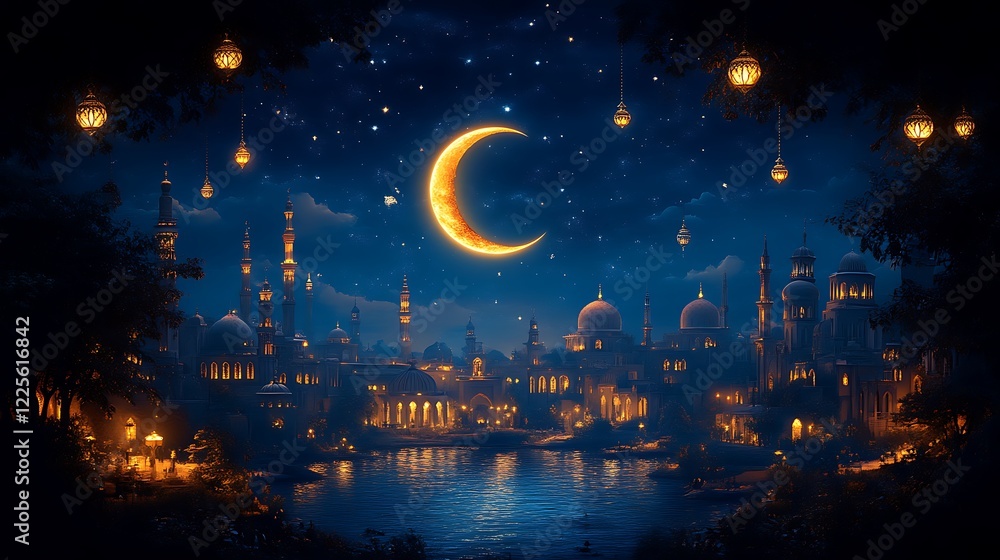Naklejka premium Nighttime Cityscape Featuring Illuminated Mosques and Crescent Moon
