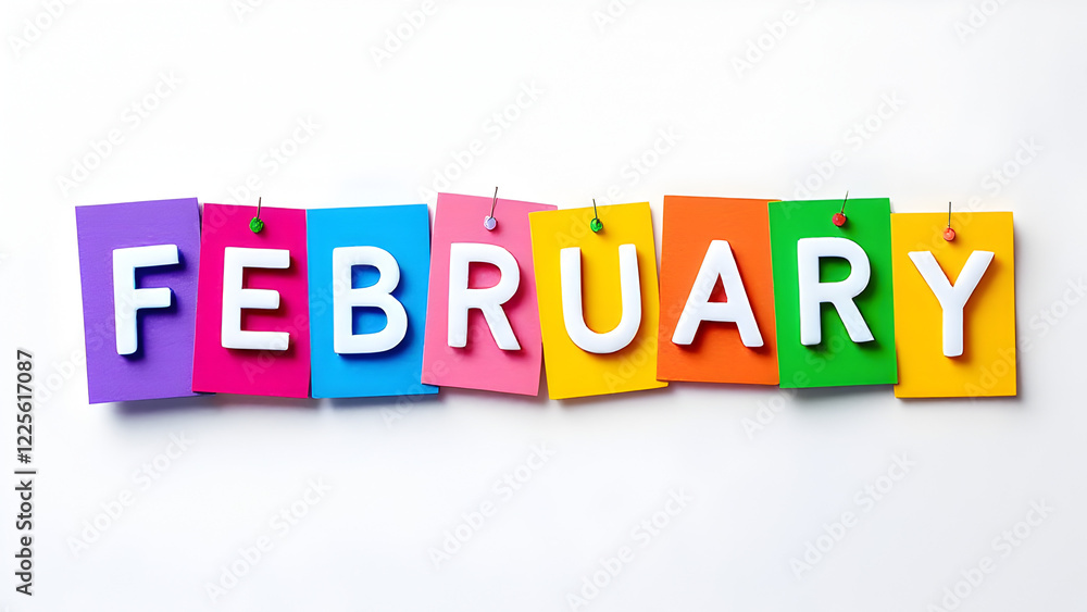 February colourful letters isolated on white background for Calendar, dates, schedule, children book. February colourful letters isolated on white background for Calendar, dates, schedule, children book.