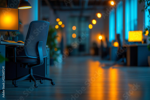 Modern office interior with desks and chairs at night, illuminated by warm lighting, creating a business atmosphere with dark blue walls and a blurred background of work cubicles. Generative AI