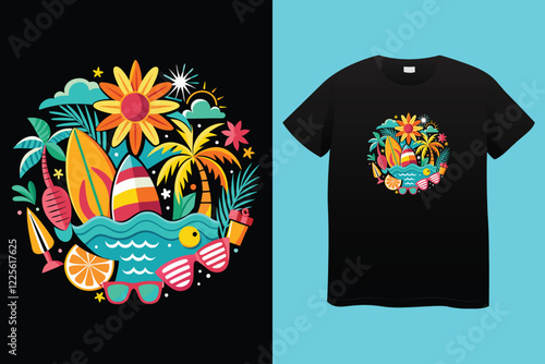 Colorful summer t-shirts on display at a vibrant store during sunny days.