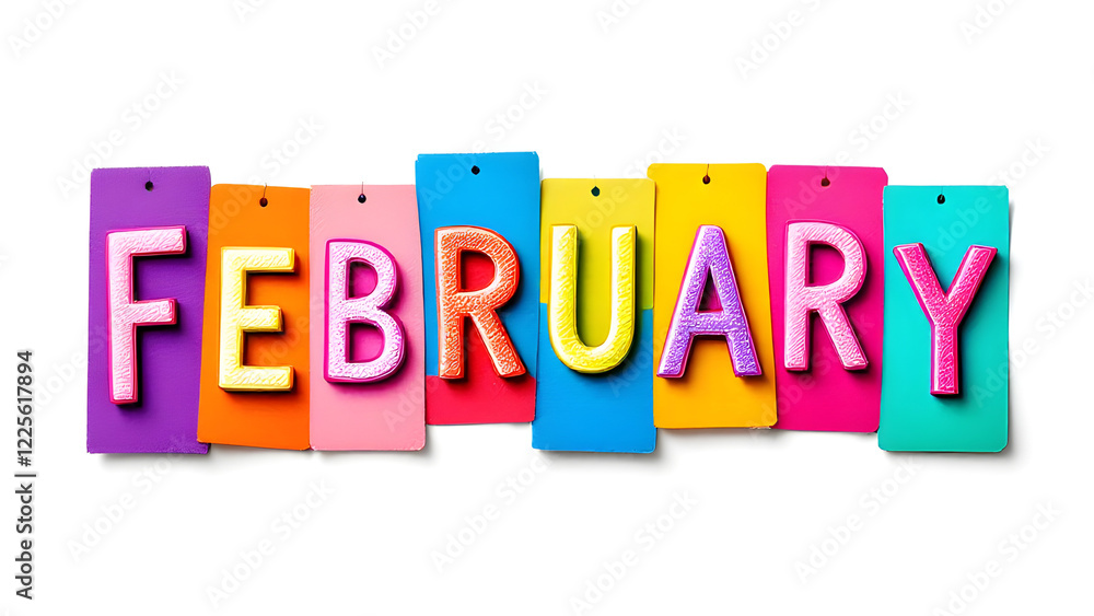 February colourful letters isolated on white background for Calendar, dates, schedule, children book. February colourful letters isolated on white background for Calendar, dates, schedule, children book.