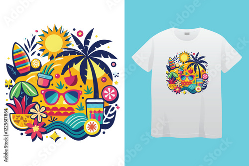 Colorful summer t-shirts on display at a vibrant store during sunny days.