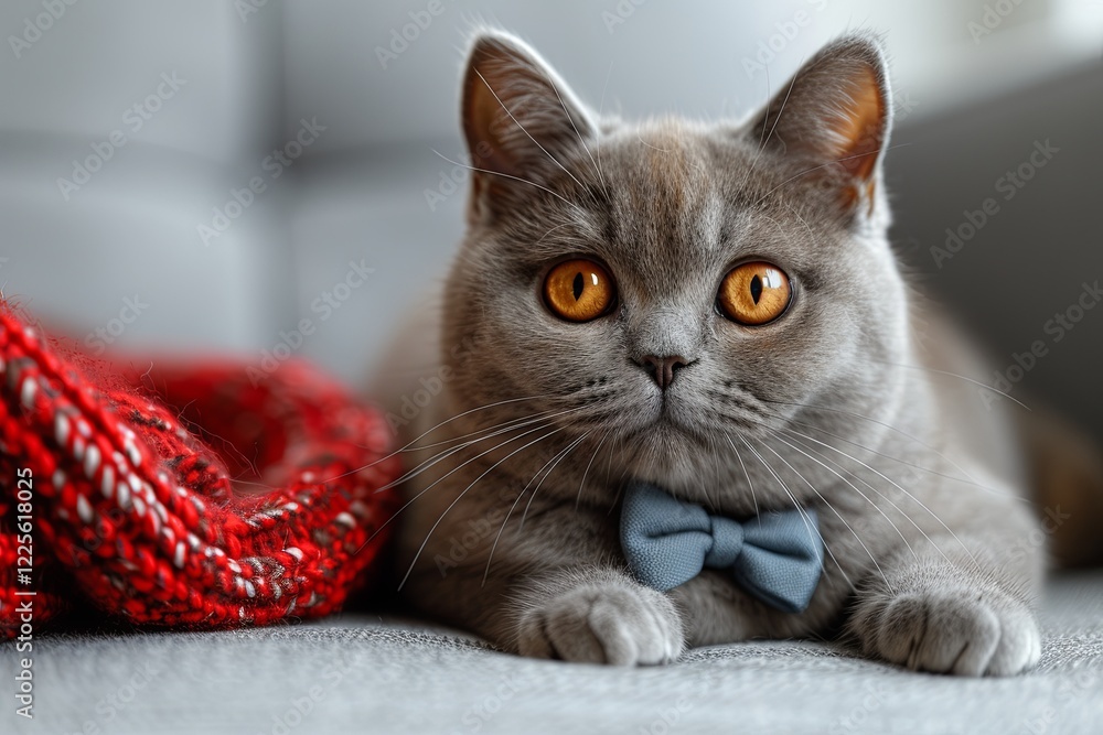 Fototapeta premium Charming Gray Cat With Bright Amber Eyes
