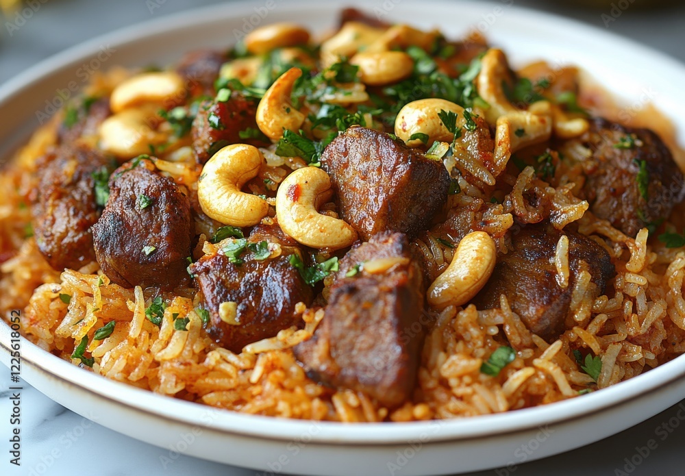 Delicious and Aromatic Rice Dish with Spiced Meat, Cashews, Fresh Herbs, and Colorful Presentation for Food Lovers and Culinary Enthusiasts Delicious and Aromatic Rice Dish with Spiced Meat, Cashews, Fresh Herbs, and Colorful Presentation for Food Lovers and Culinary Enthusiasts