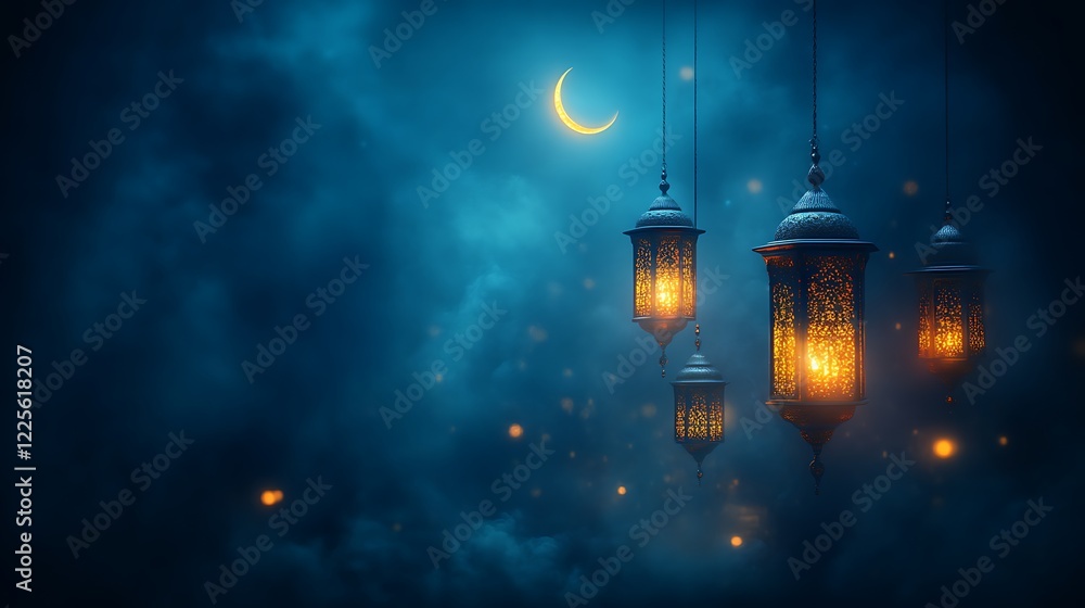 Illuminated Ramadan Lanterns Hanging Against Night Sky