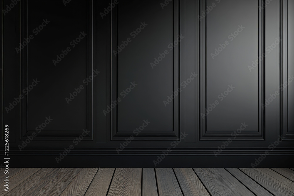 Photography backdrop of a black panelled wall with dark background and wooden floor with soft lighting Photography backdrop of a black panelled wall with dark background and wooden floor with soft lighting