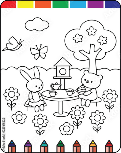 Tea Party Fun Kids Coloring Pages to Print, Adorable Tea Party Scenes Coloring Pages for Kids, Magical Tea Party Coloring Pages for Little Ones