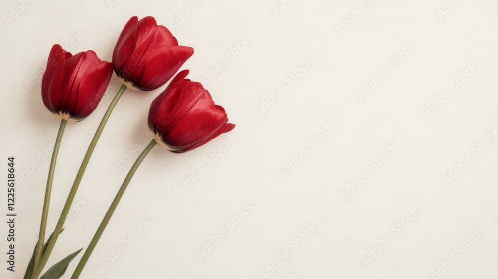 Three red tulips on a white background, space for text. Three red tulips on a white background, space for text.
