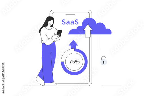 SaaS concept, Software as a service. Cloud computing and storage, online subscription to programs. Flat Cartoon Vector Illustration, icon. Stylish abstract  
