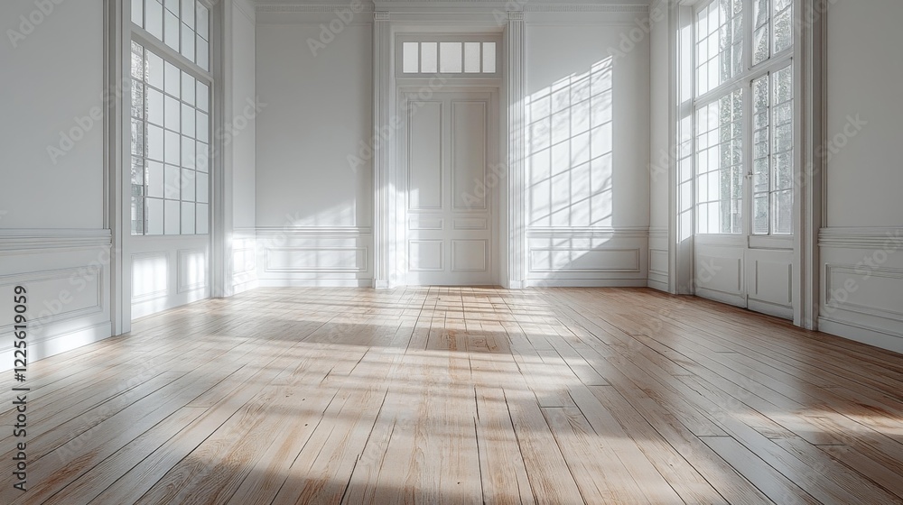 Empty bright room with large windows and wooden flooring. Generative AI Empty bright room with large windows and wooden flooring. Generative AI