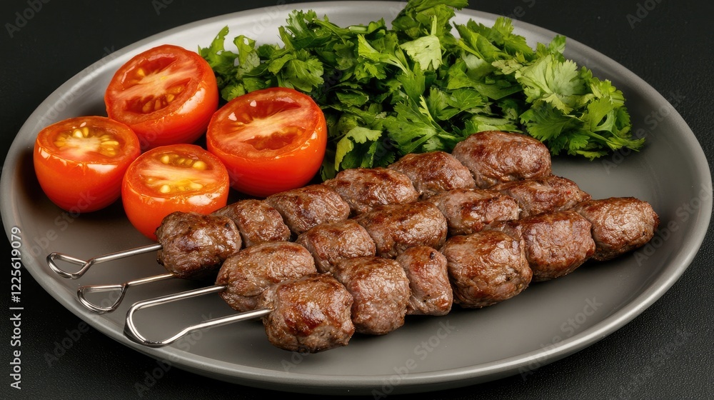 Grilled meat kebabs are arranged on a black plate, garnished with fresh herbs, lime slices, and accompanied by small bowls of creamy dipping sauces Grilled meat kebabs are arranged on a black plate, garnished with fresh herbs, lime slices, and accompanied by small bowls of creamy dipping sauces