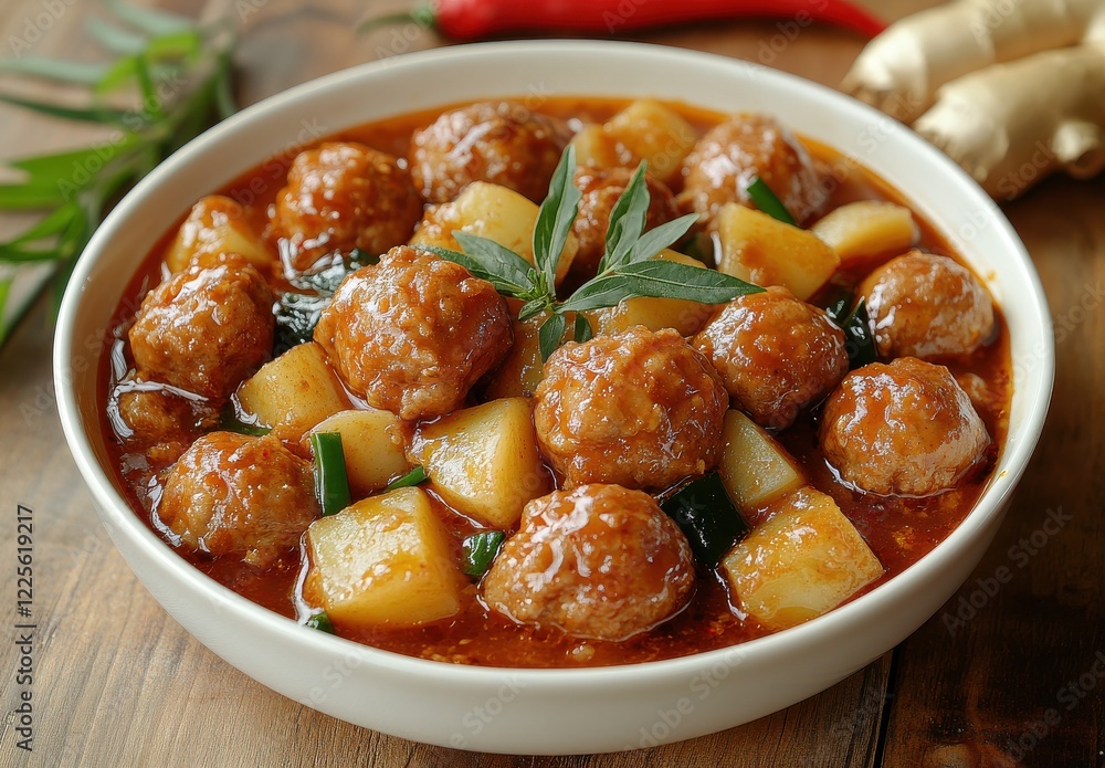 Delicious and Savory Meatballs with Potatoes Cooked in Spicy Sauce Served in a Bowl Featuring Fresh Herbs and Ginger on a Wooden Table Delicious and Savory Meatballs with Potatoes Cooked in Spicy Sauce Served in a Bowl Featuring Fresh Herbs and Ginger on a Wooden Table