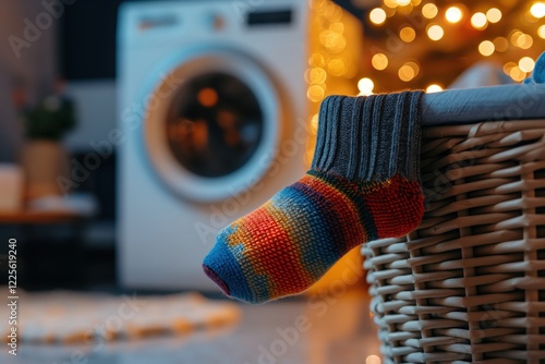 A wicker basket containing a single sock placed beside a decorated Christmas tree in a cozy home setting a basket with a sock in it next to a christmas tree photo