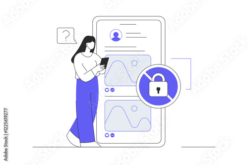 Blocking, banned user account on social media. Error, access is denied. Account safety and secure. Flat Cartoon Vector Illustration, icon. Stylish abstract  