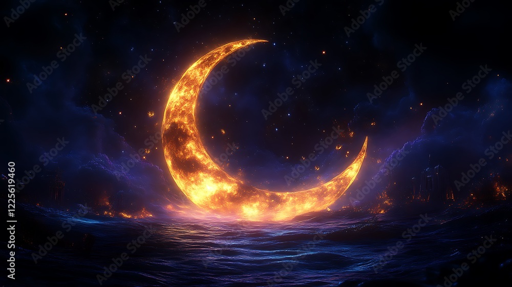 Fiery Crescent Moon Over Burning Sea And Stars Fiery Crescent Moon Over Burning Sea And Stars