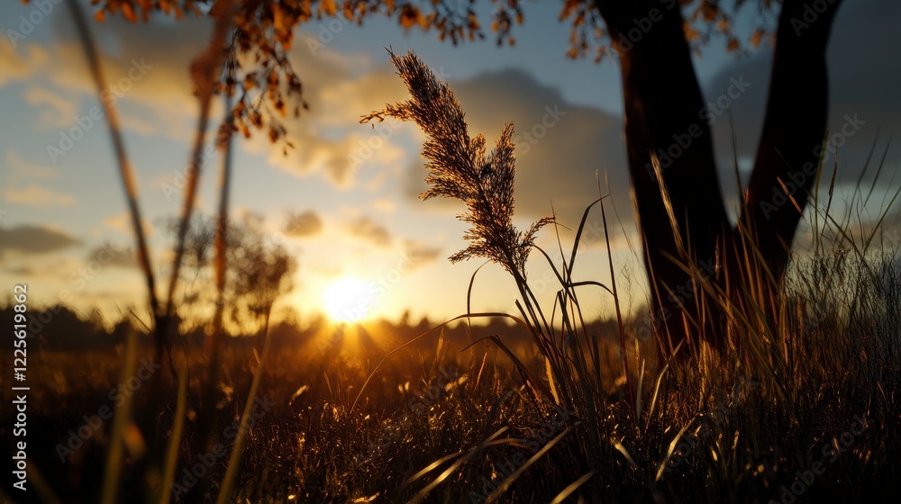 Obraz premium Serene Sunrise Over Tranquil Landscape, gentle hues illuminating the horizon, soft light enhancing the calm atmosphere, low angle perspective