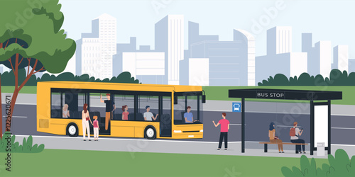 Bus stop. Public transport of people. City and intercity bus transportation. Tourist trips. Vector illustration