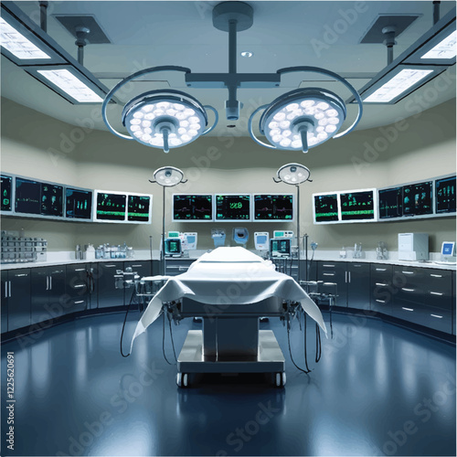 Modern, sterile operating room for medical procedures. High-tech equipment and clean environment.