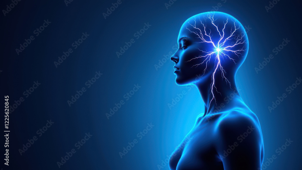 Illustration of a human head with highlighted blue neural activity around a VNS device on the neck. Illustration of a human head with highlighted blue neural activity around a VNS device on the neck.